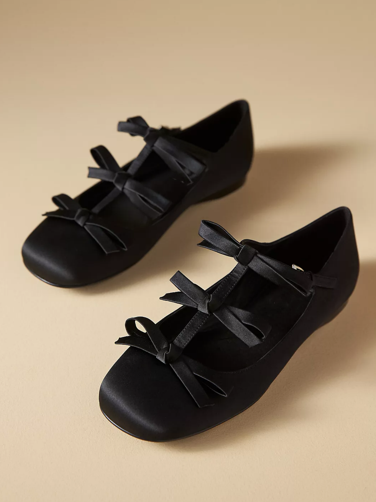 Black Cloth Square-Toe Bow Front Strap Ballet Flats