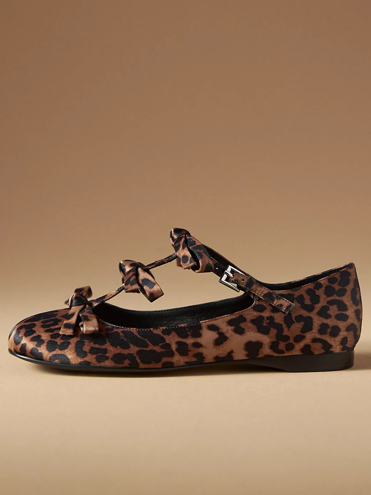 Leopard Cloth Square-Toe Bow Front Strap Ballet Flats