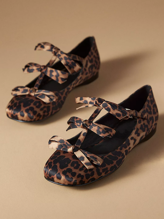 Leopard Cloth Square-Toe Bow Front Strap Ballet Flats