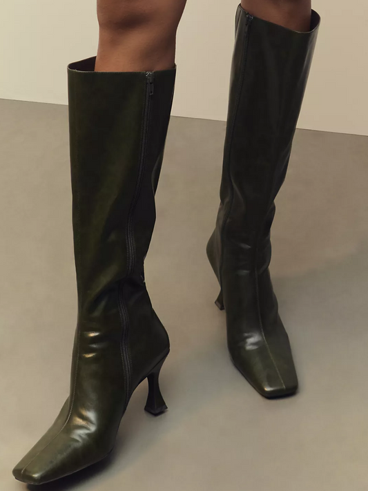 Square-Toe Full-Zip Mid Calf Stiletto Boots - Dark Green