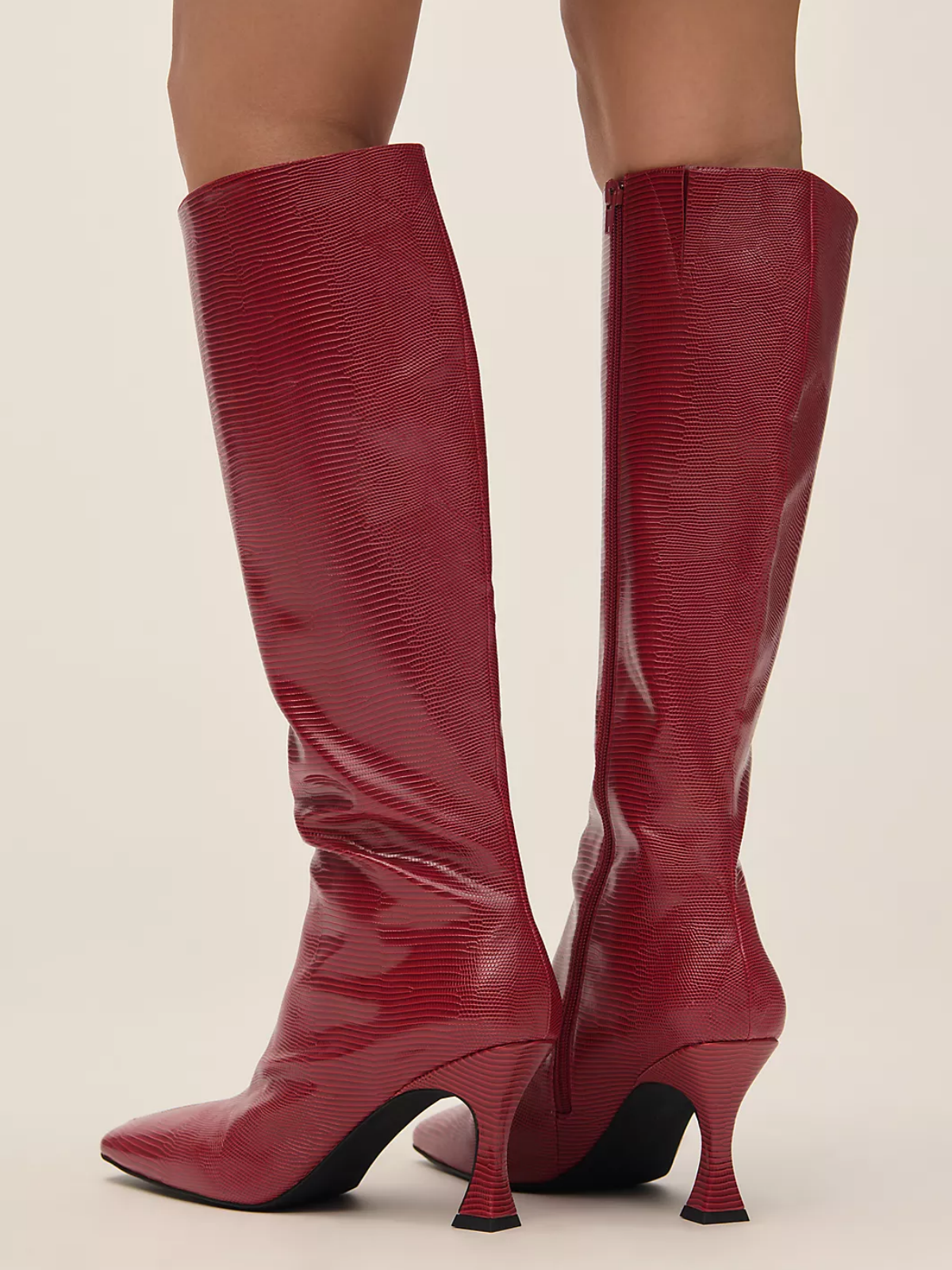 Square-Toe Full-Zip Mid Calf Stiletto Boots - Red