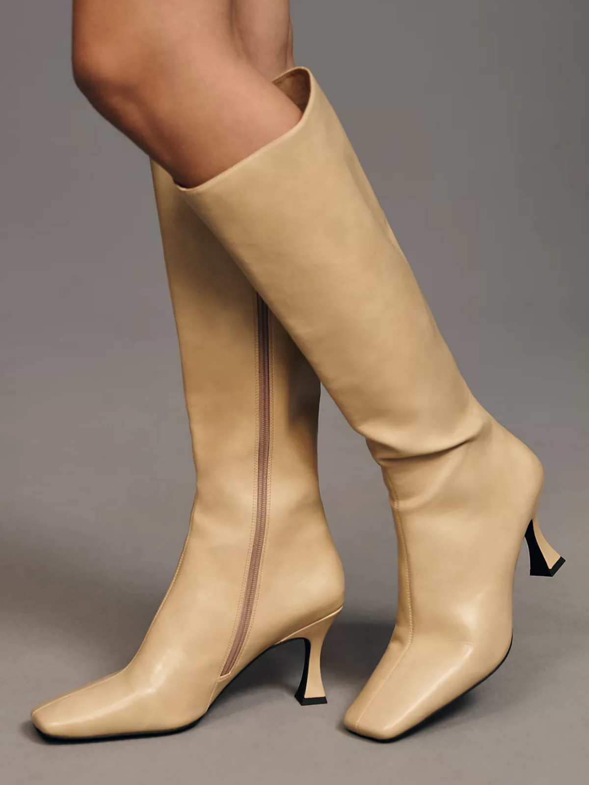 Square-Toe Full-Zip Mid Calf Stiletto Boots - Light Yellow