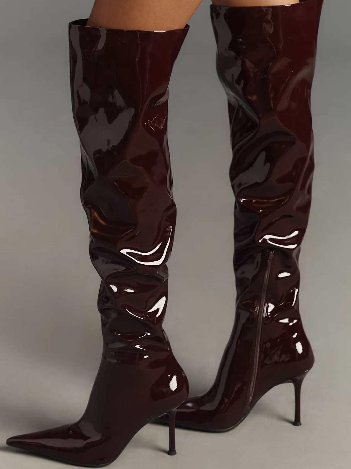 Wine Red Patent Pointed-Toe Half-Zip Over-The-Knee Stiletto Boots