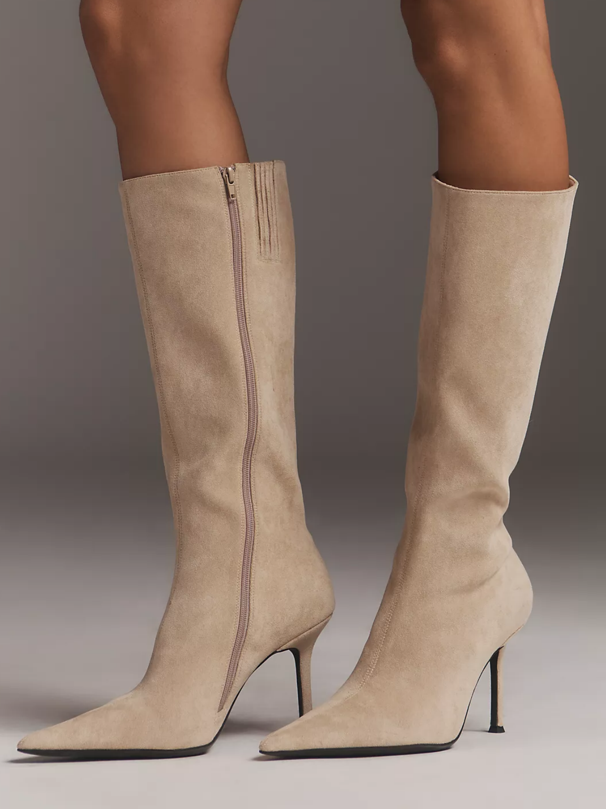 Beige Faux Suede Pointed-Toe Full-Zip Mid Calf Stiletto Boots