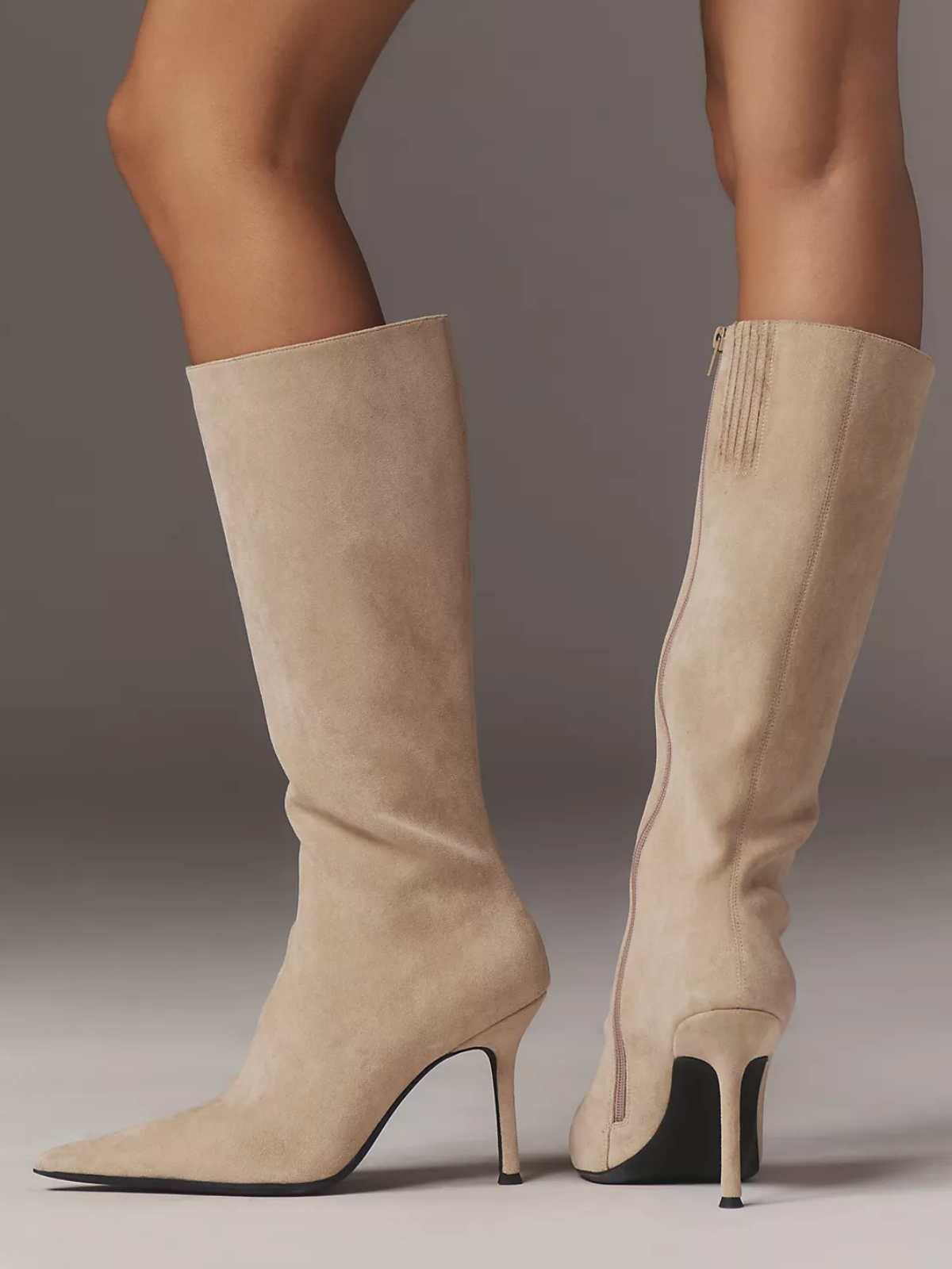 Beige Faux Suede Pointed-Toe Full-Zip Mid Calf Stiletto Boots