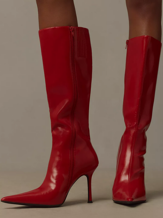 Red Pointed-Toe Full-Zip Mid Calf Stiletto Boots