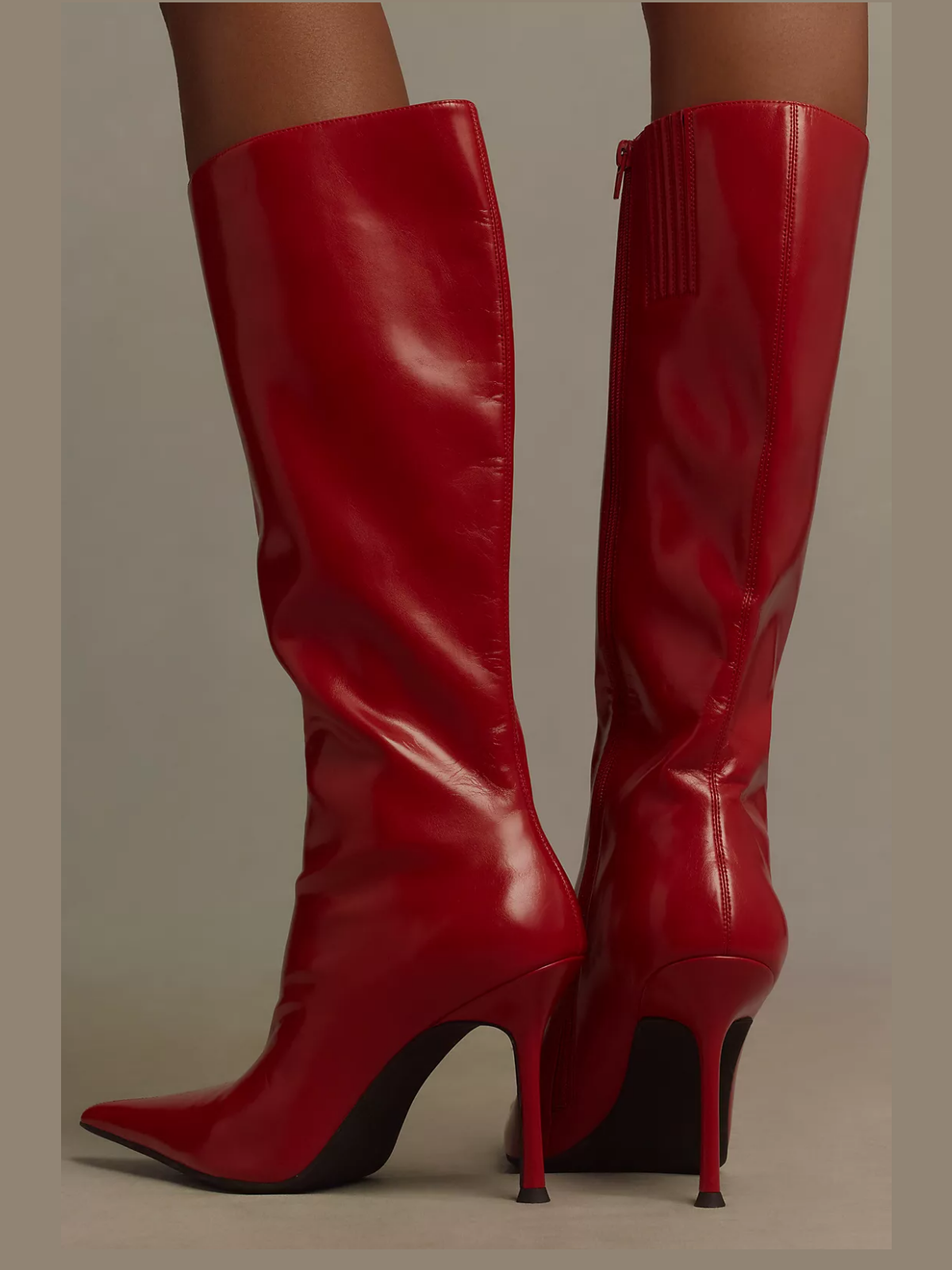 Red Pointed-Toe Full-Zip Mid Calf Stiletto Boots