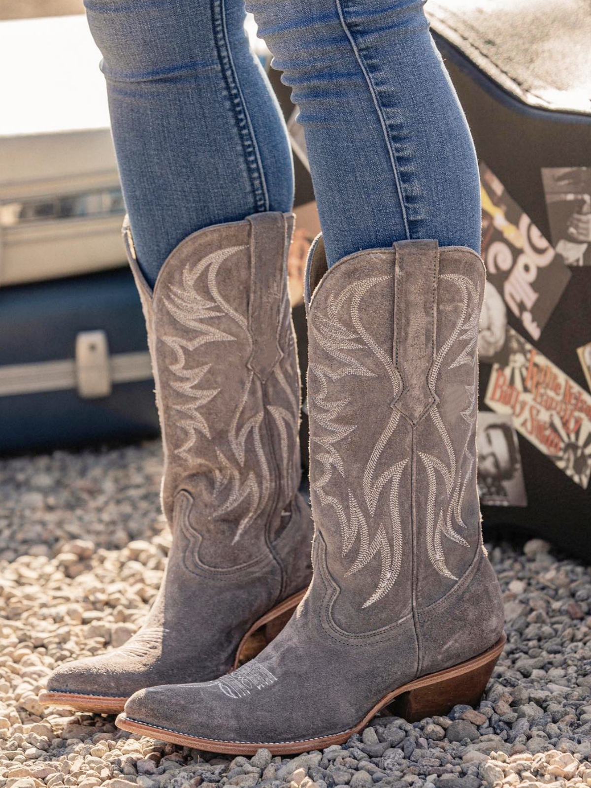 Faux Suede Wings Embroidery Pointed-Toe Wide Mid Calf Tall Cowgirl Boots - Gray