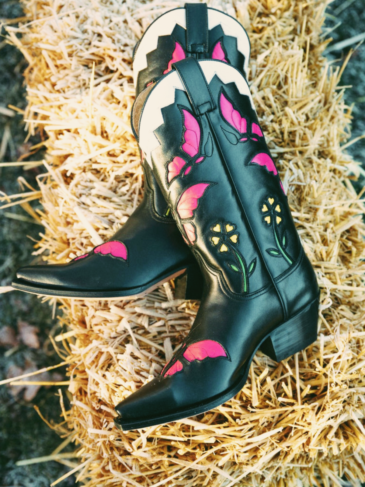 Black Pointed-Toe Wide Mid Calf Western Boots Cowgirl Boots With Pink Butterfly Inlay