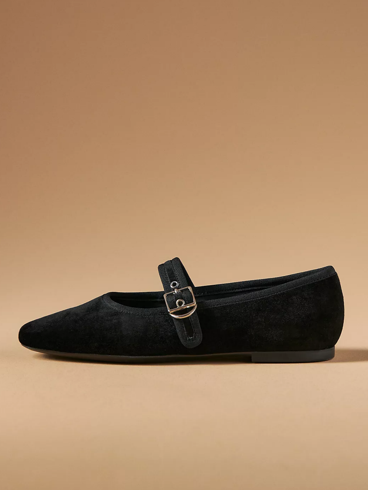 Black Velvet Round-Toe Ballet Mary Jane Flats With Bridge Buckle Strap