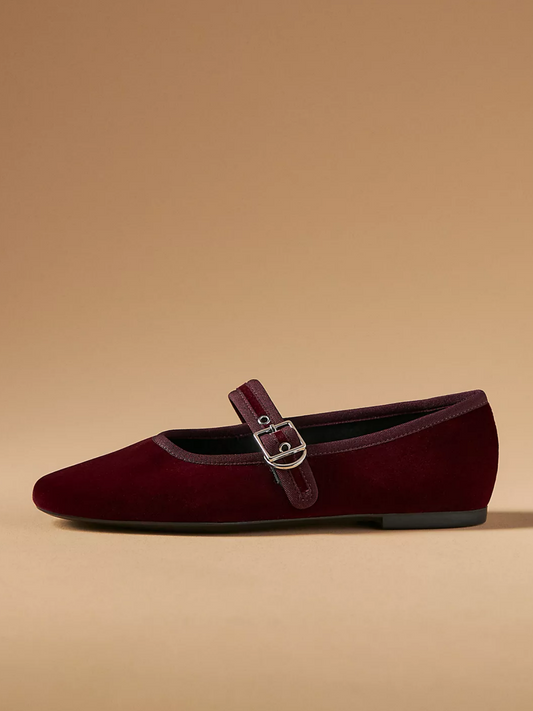 Wine Red Velvet Round-Toe Ballet Mary Jane Flats With Bridge Buckle Strap