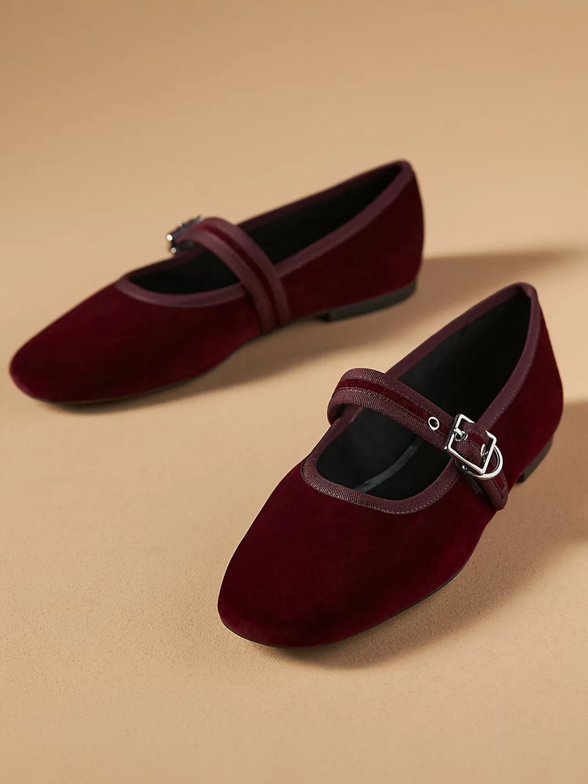 Wine Red Velvet Round-Toe Ballet Mary Jane Flats With Bridge Buckle Strap