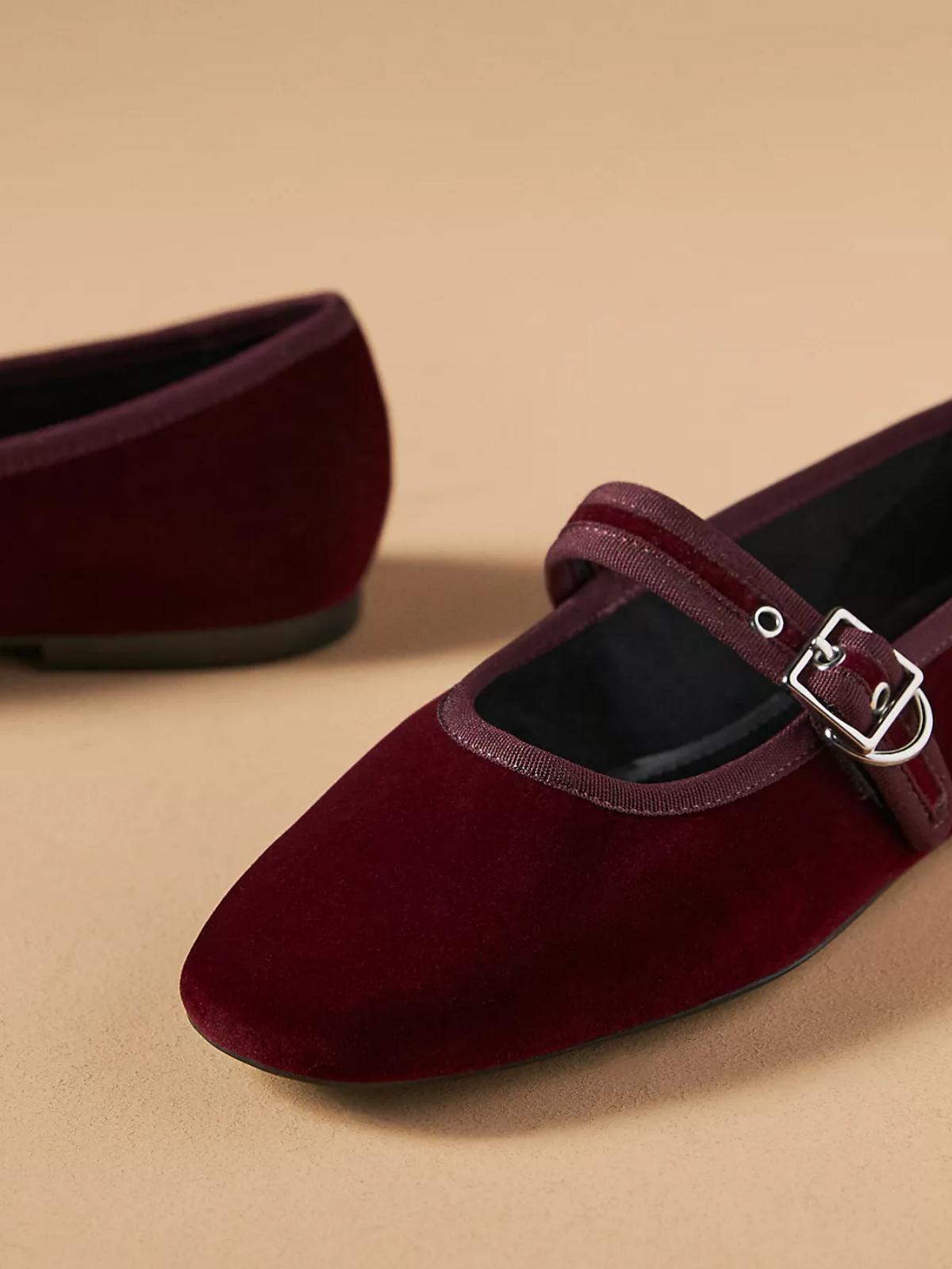 Wine Red Velvet Round-Toe Ballet Mary Jane Flats With Bridge Buckle Strap