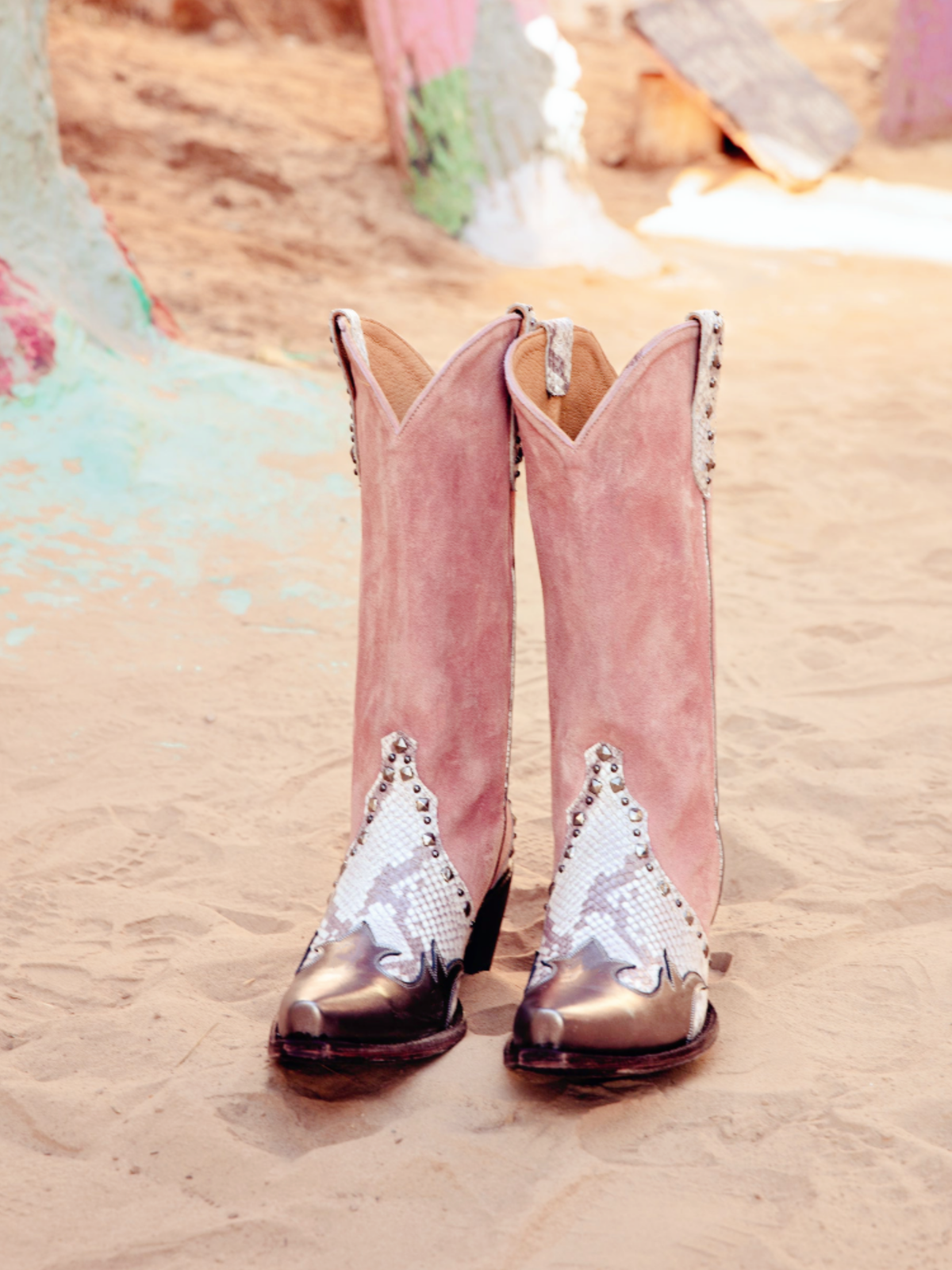 Contrast Snakeskin And Pink Faux Suede Studded Applique Snip-Toe Wide Mid Calf Cowgirl Boots