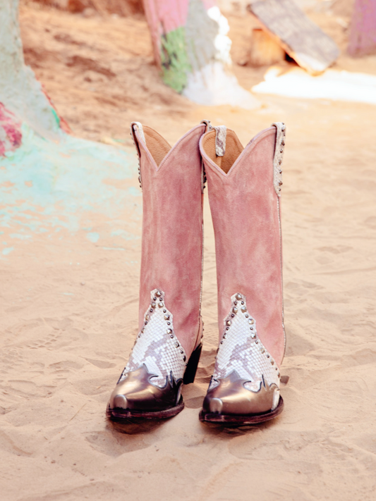 Contrast Snakeskin And Pink Faux Suede Studded Applique Snip-Toe Wide Mid Calf Cowgirl Boots