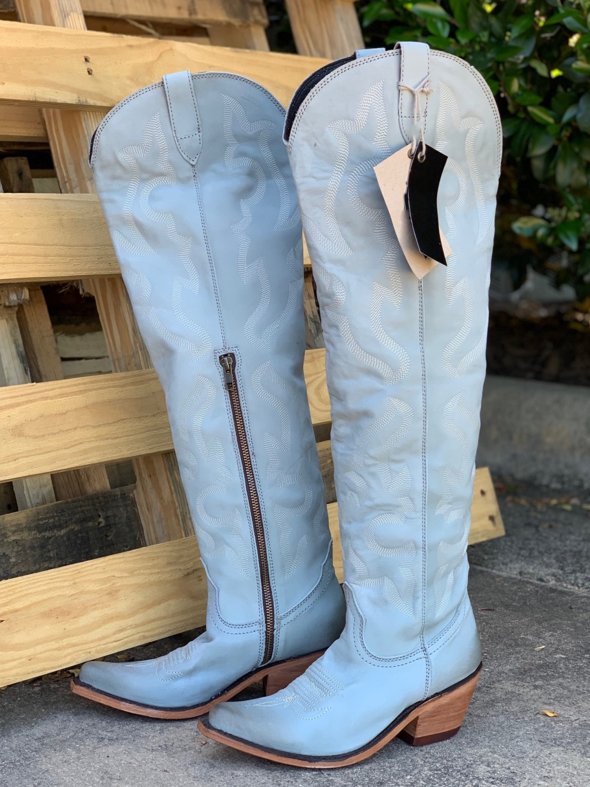 Light Blue Embroidery Pointed-Toe Half-Zip Over-The-Knee Cowgirl Boots