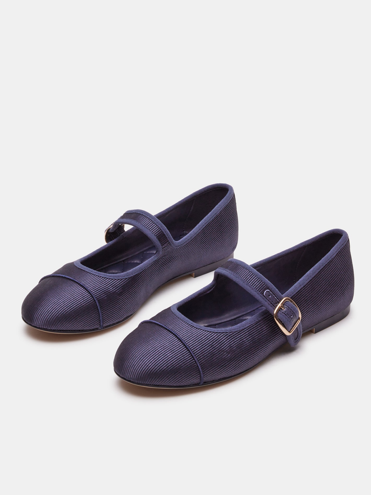 Navy Blue Cloth Round-Toe Bridge Strap Side Buckle Mary Janes Ballet Flats