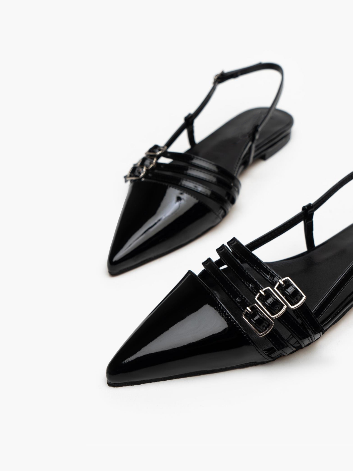 Black Patent Pointy Ballet Flats Slingbacks With Tripple Parallel Straps