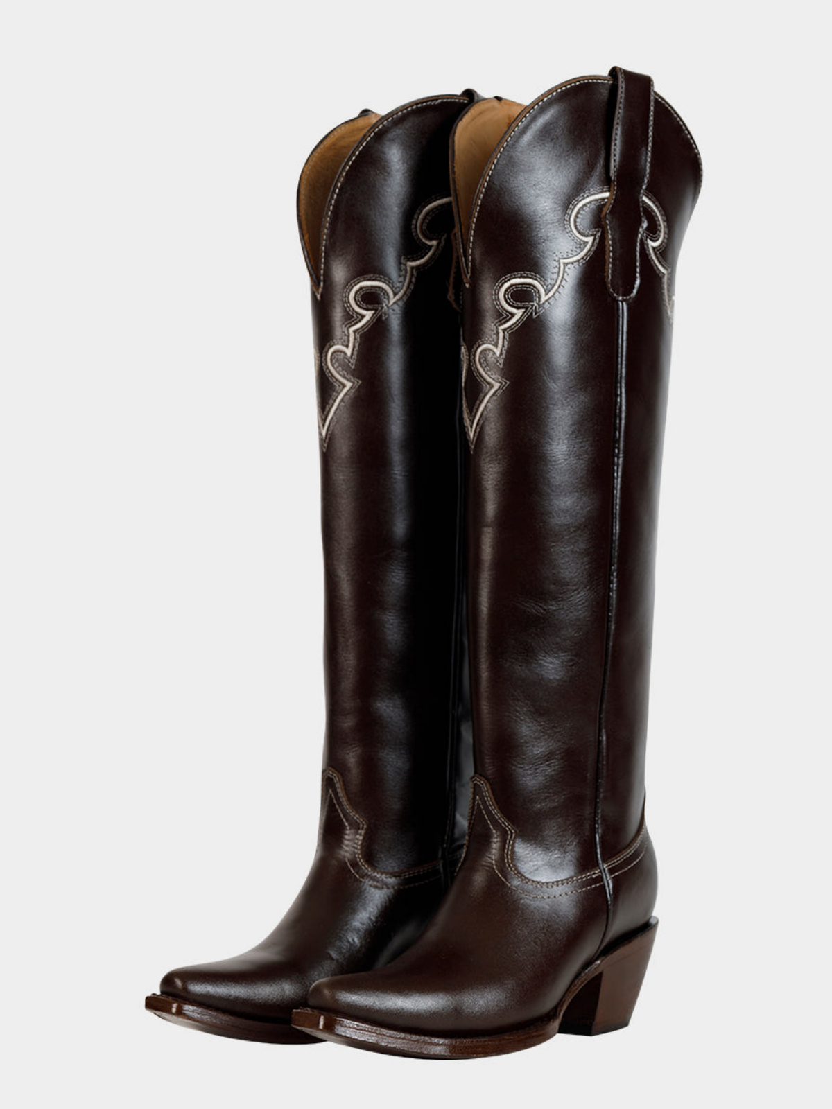 Coffee Brown Snip-Toe Embroidery Wide Calf Tall Knee High Cowgirl Boots