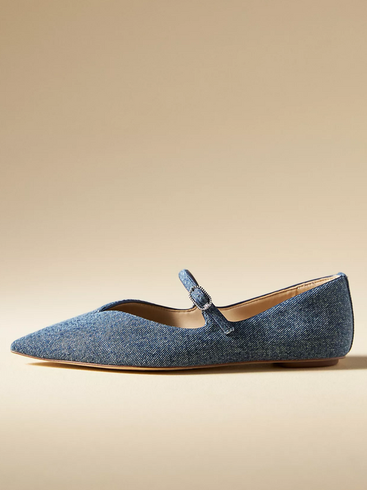 Blue Denim Pointed-Toe Bridge Strap Flats