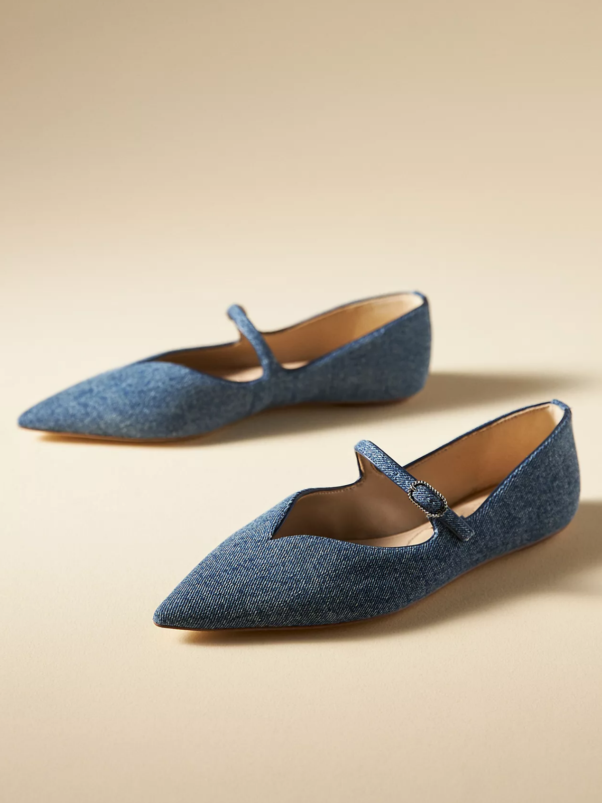 Blue Denim Pointed-Toe Bridge Strap Flats