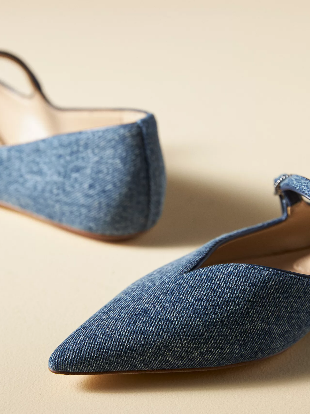 Blue Denim Pointed-Toe Bridge Strap Flats