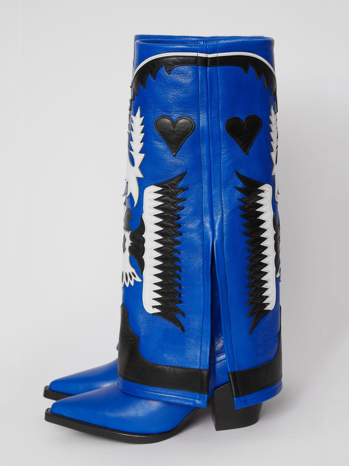 Fold-Over Panel Eagle And Heart Applique Snip-Toe Wide Mid Calf Boots - Royal Blue