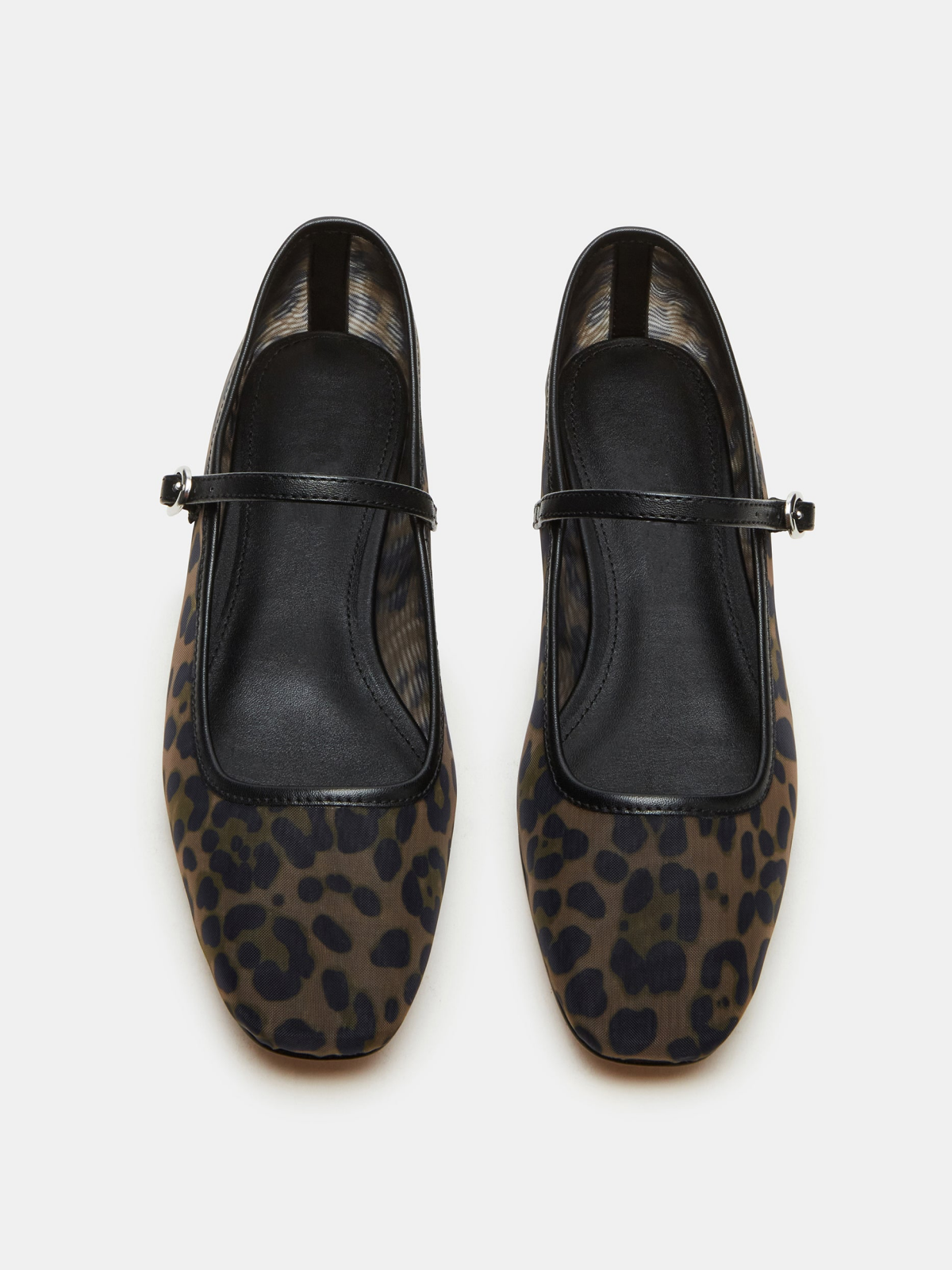 Leopard Mesh Square-Toe Mary Janes Ballet Flats With Bridge Strap