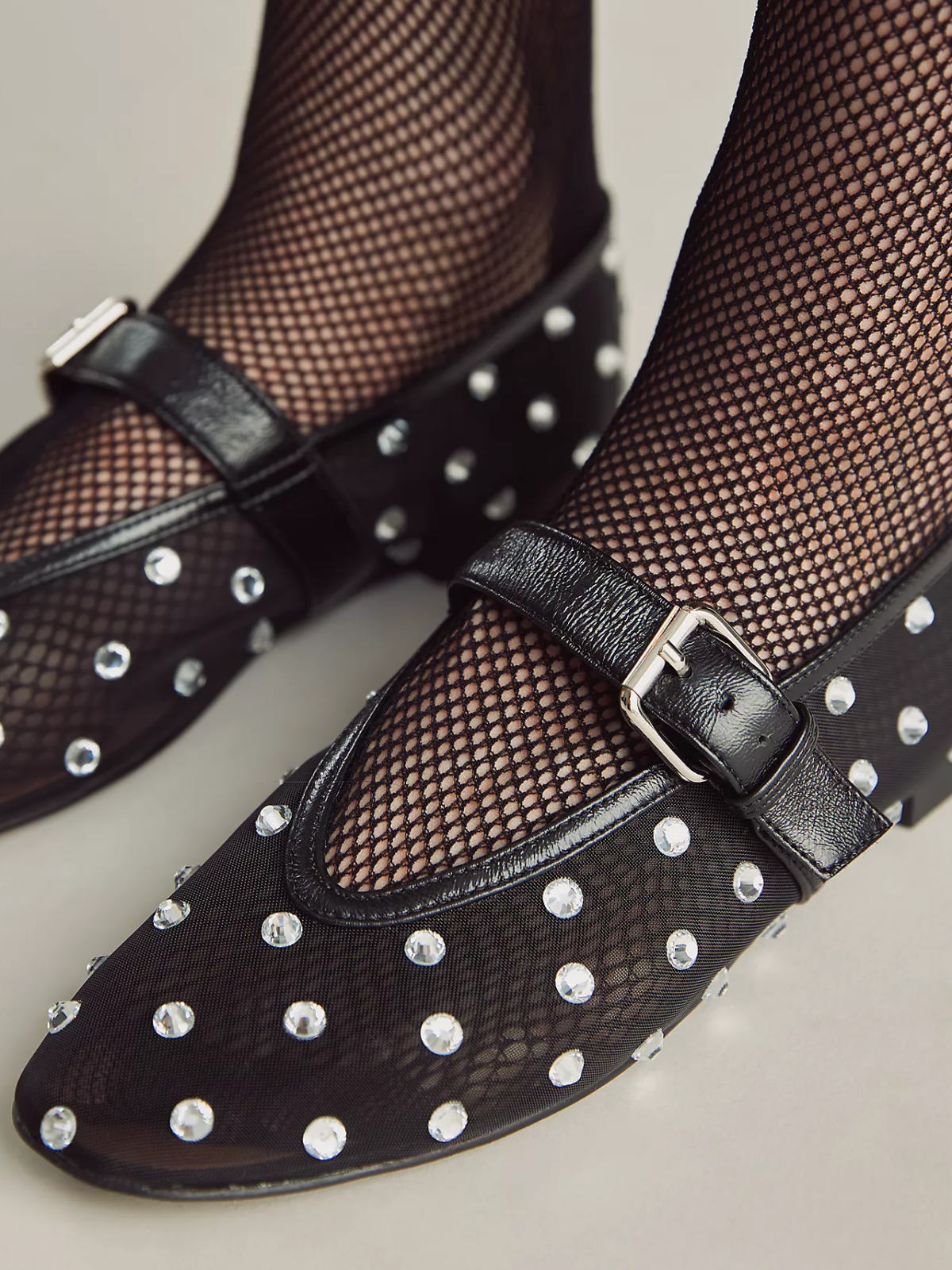 Black Mesh Round-Toe Rhinestone Bridge Strap Ballet Flats