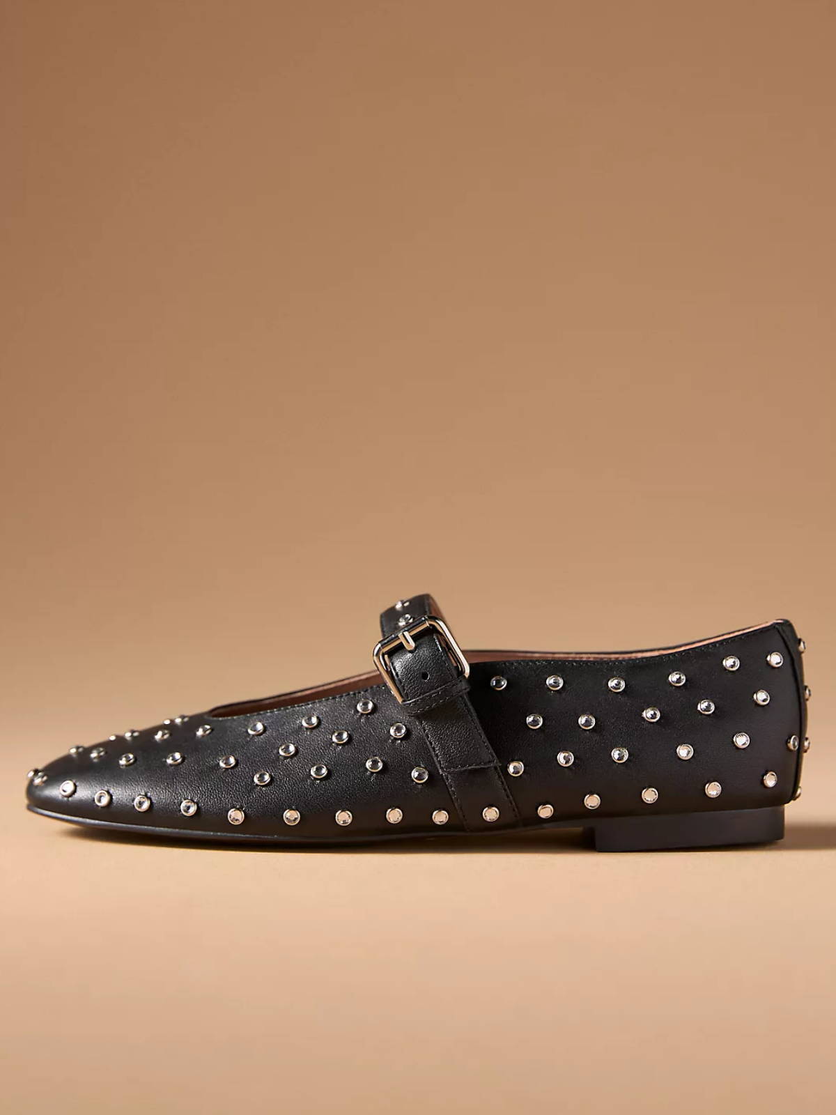 Black Round-Toe Studded Ballet Flats With Bridge Buckle Strap