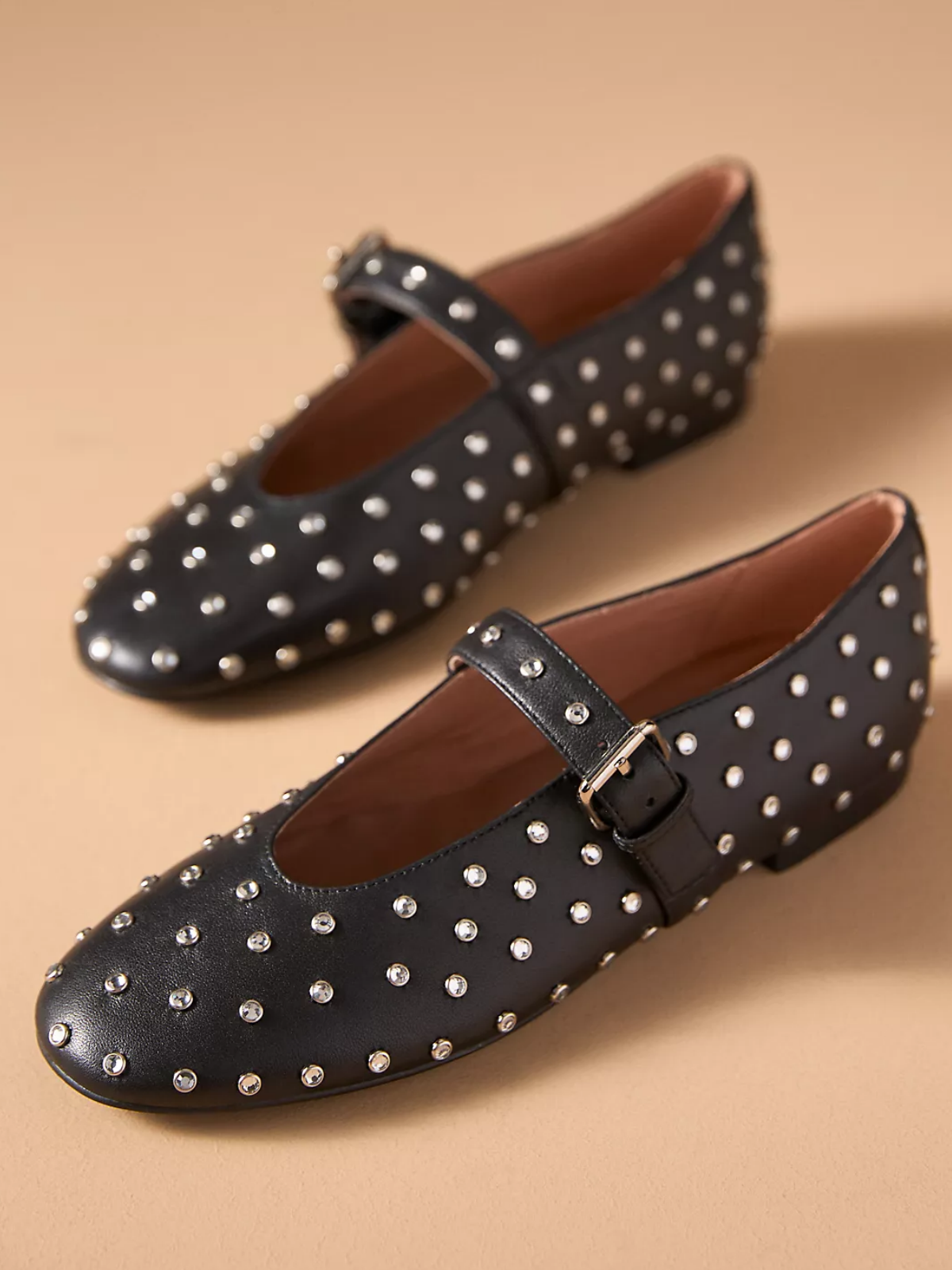 Black Round-Toe Studded Ballet Flats With Bridge Buckle Strap