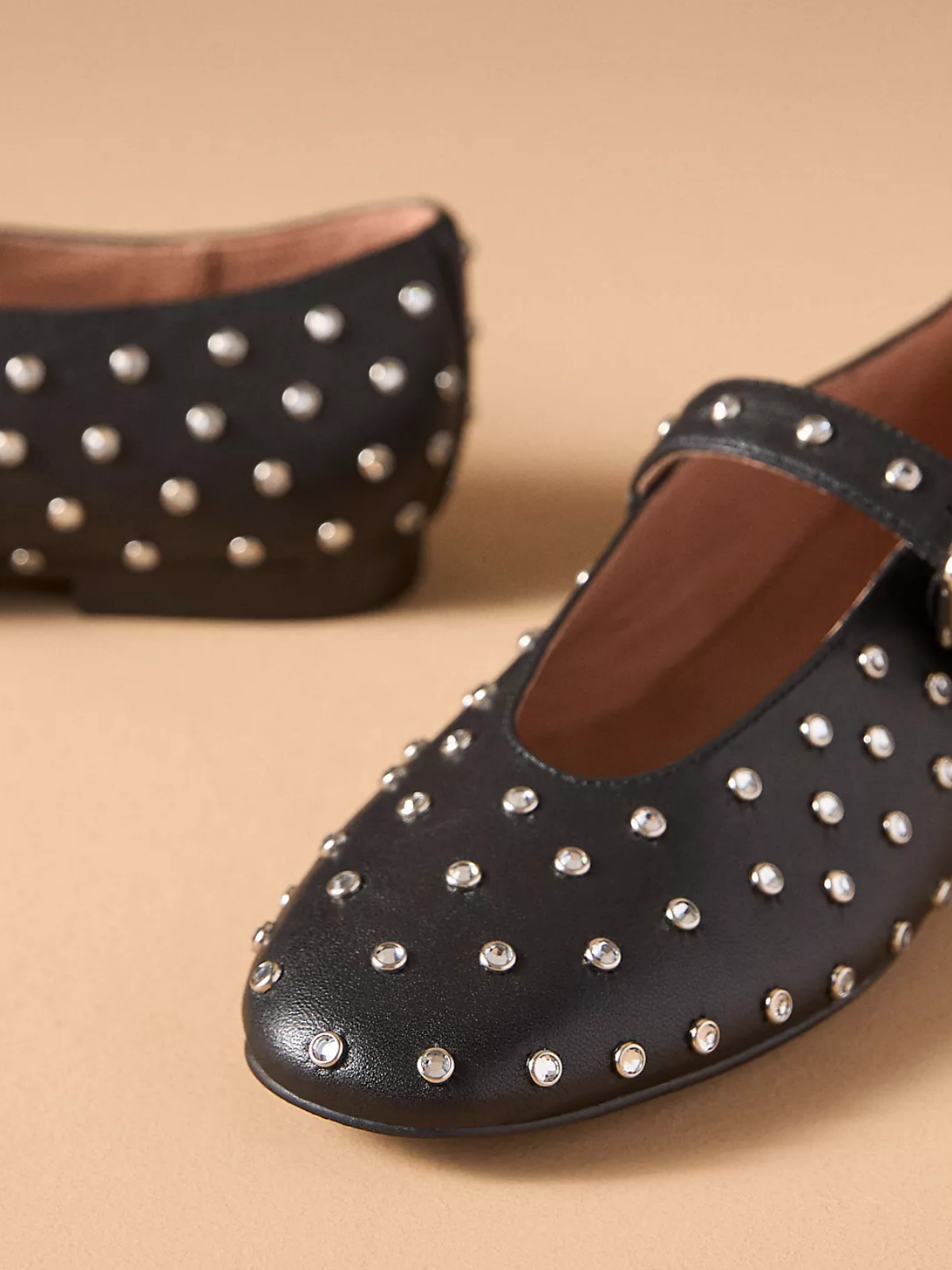 Black Round-Toe Studded Ballet Flats With Bridge Buckle Strap