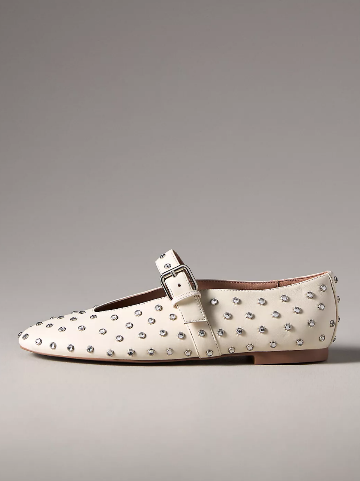 Bone Round-Toe Studded Ballet Flats With Bridge Buckle Strap