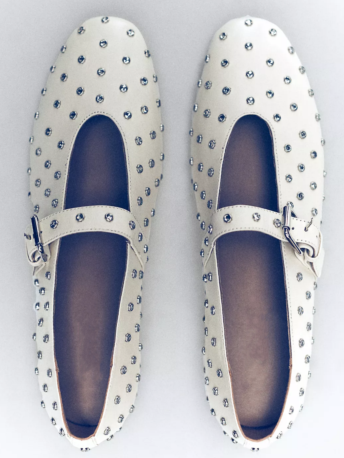 Bone Round-Toe Studded Ballet Flats With Bridge Buckle Strap