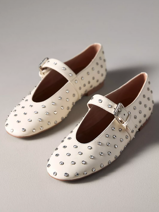 Bone Round-Toe Studded Ballet Flats With Bridge Buckle Strap