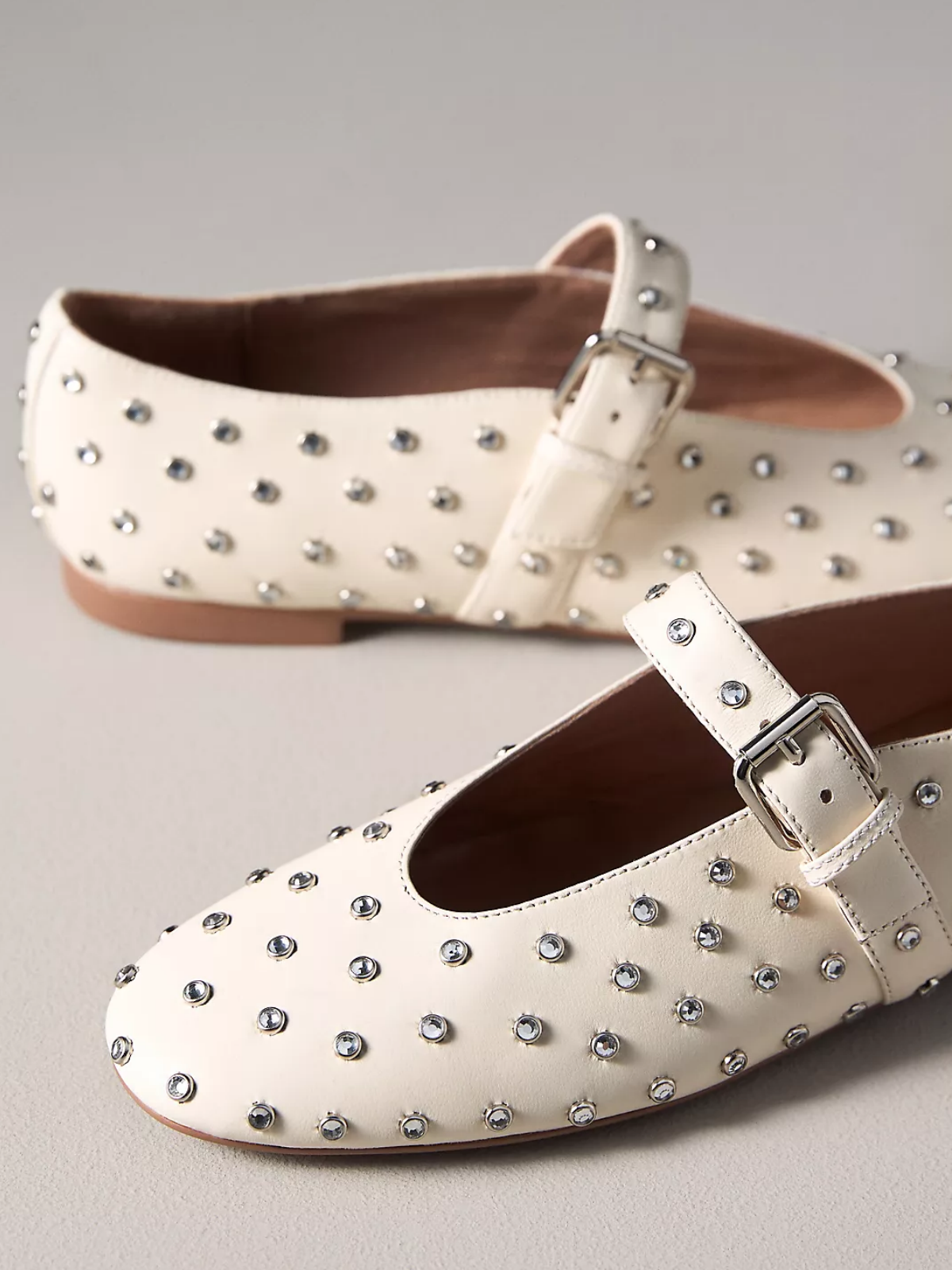 Bone Round-Toe Studded Ballet Flats With Bridge Buckle Strap