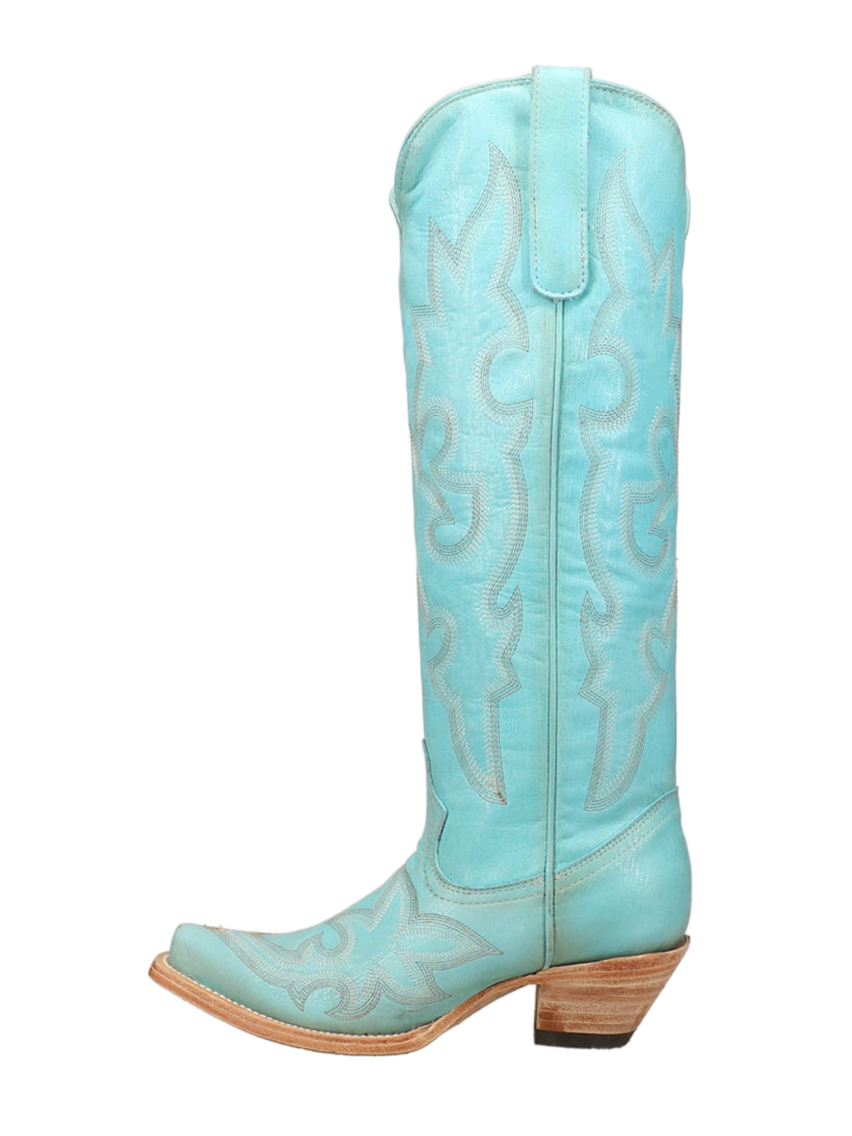 Ice Blue Embroidery Snip-Toe Wide Calf Tall Knee High Cowgirl Boots