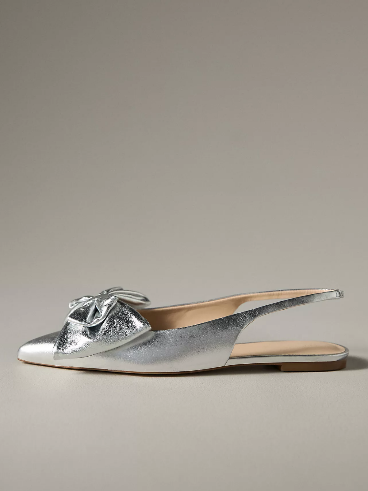 Metallic Silver Pointed-Toe Bow Slingback Flats