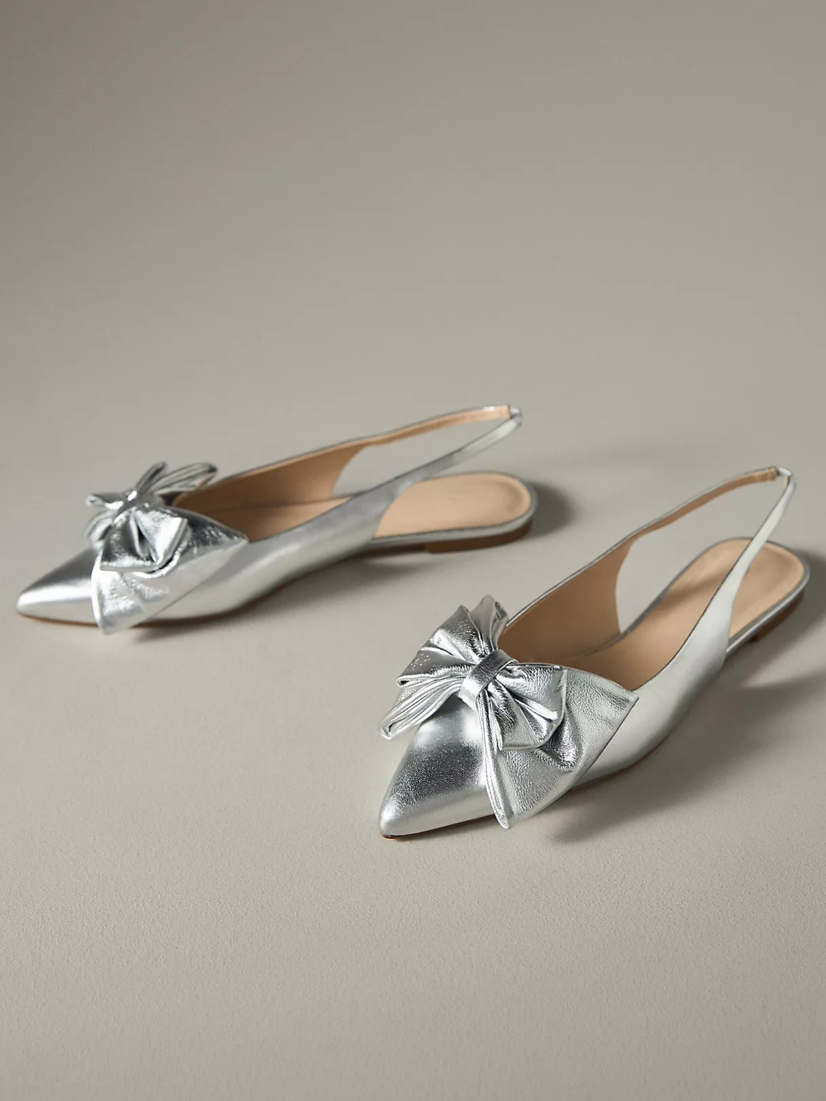 Metallic Silver Pointed-Toe Bow Slingback Flats