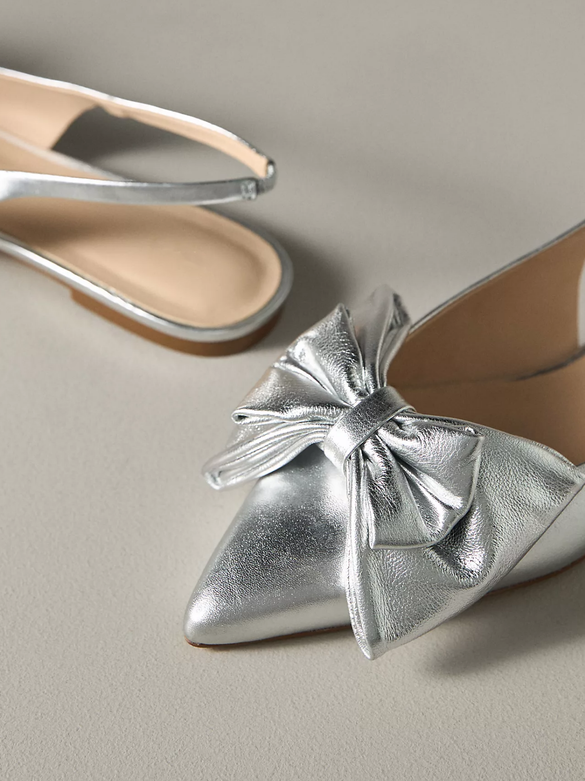 Metallic Silver Pointed-Toe Bow Slingback Flats