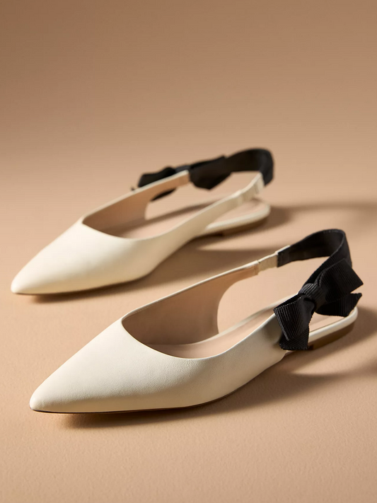 Cream Pointed-Toe Side-Bow Slingback Flats