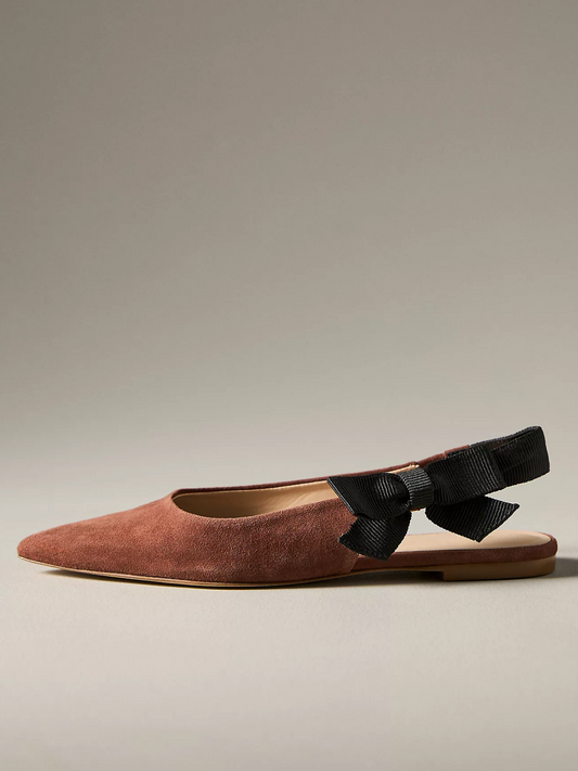 Brown Faux Suede Pointed-Toe Side-Bow Slingback Flats