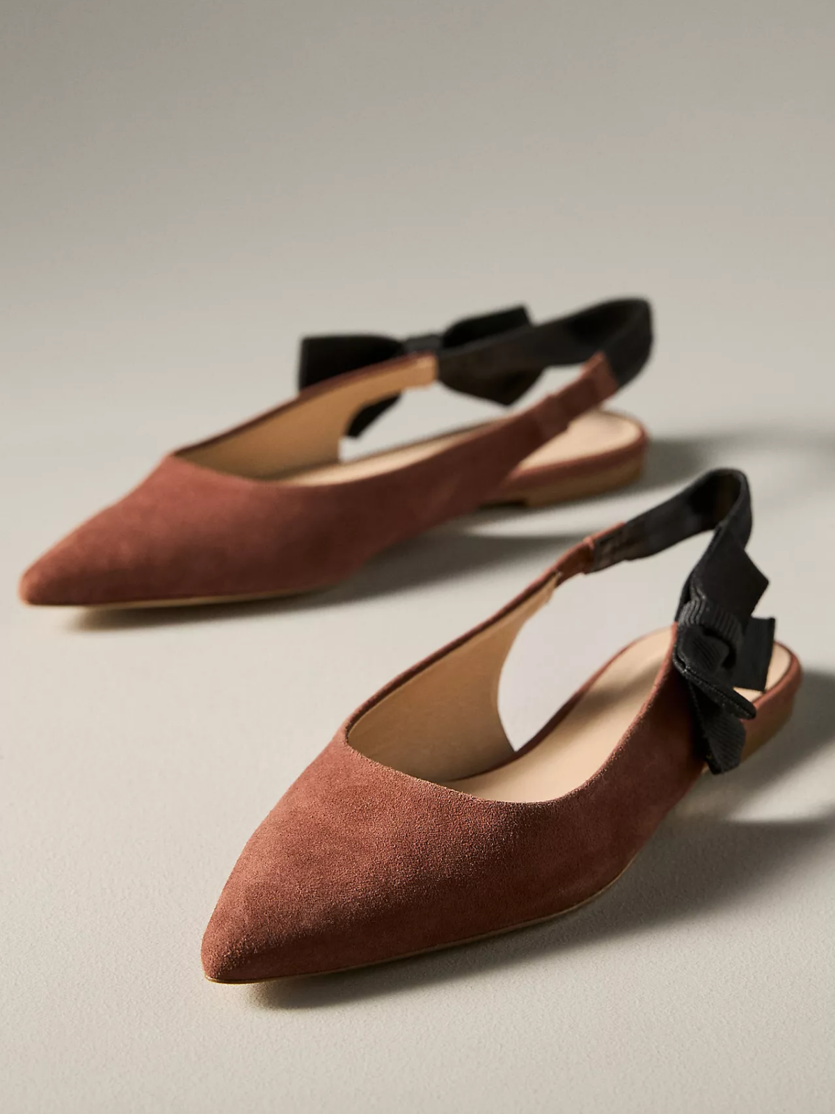 Brown Faux Suede Pointed-Toe Side-Bow Slingback Flats