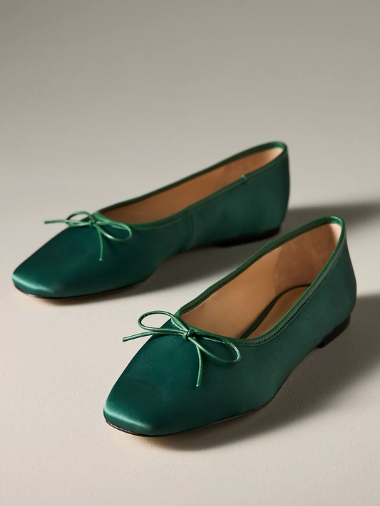 Dark Green Cloth Square-Toe Bow Mary Janes Ballet Flats