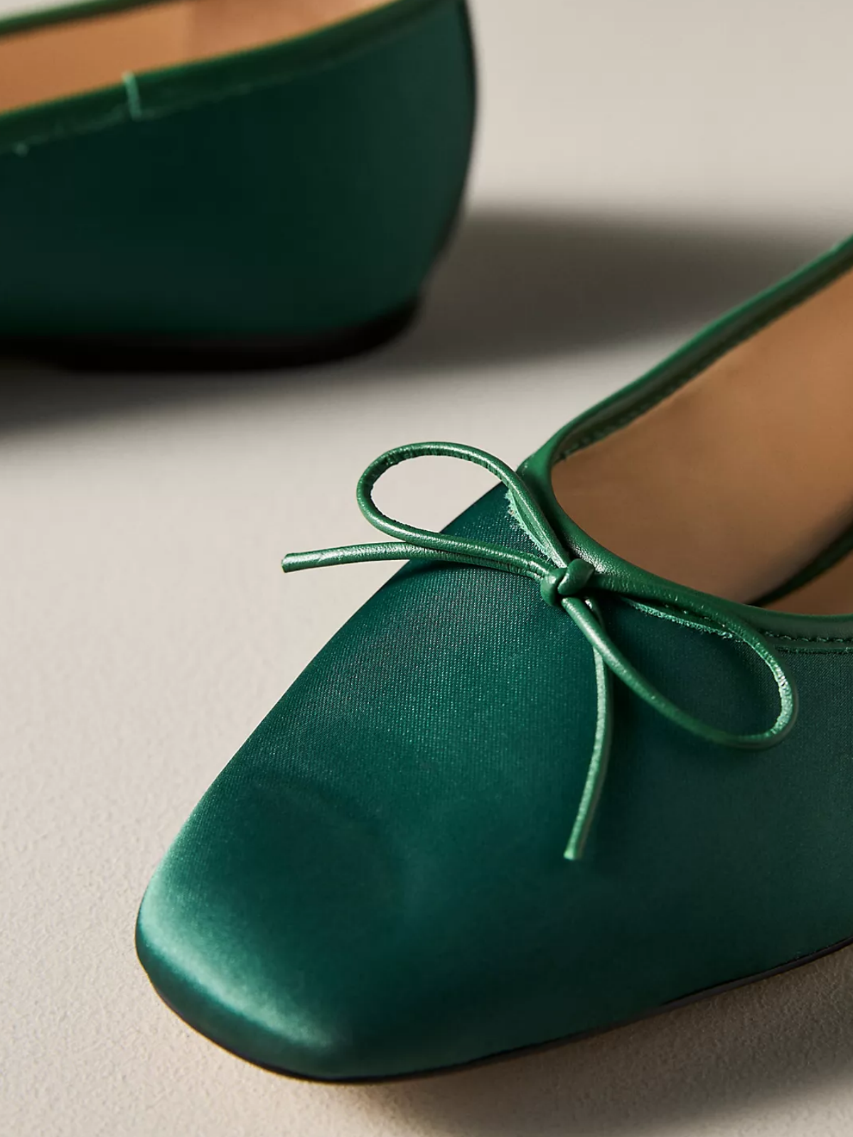 Dark Green Cloth Square-Toe Bow Mary Janes Ballet Flats