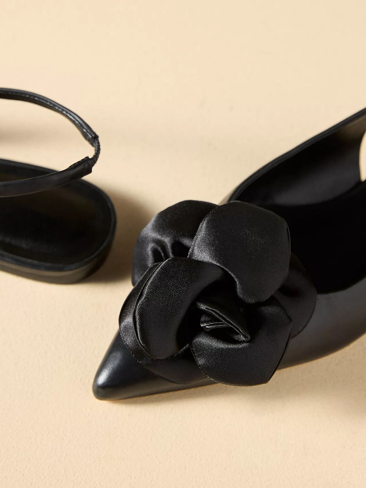 Black Pointed-Toe Satin 3D Flower Slingback Flats