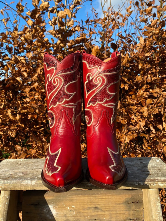Red Snip-Toe Snakeskin Inlay Wide Mid Calf Cowgirl Boots