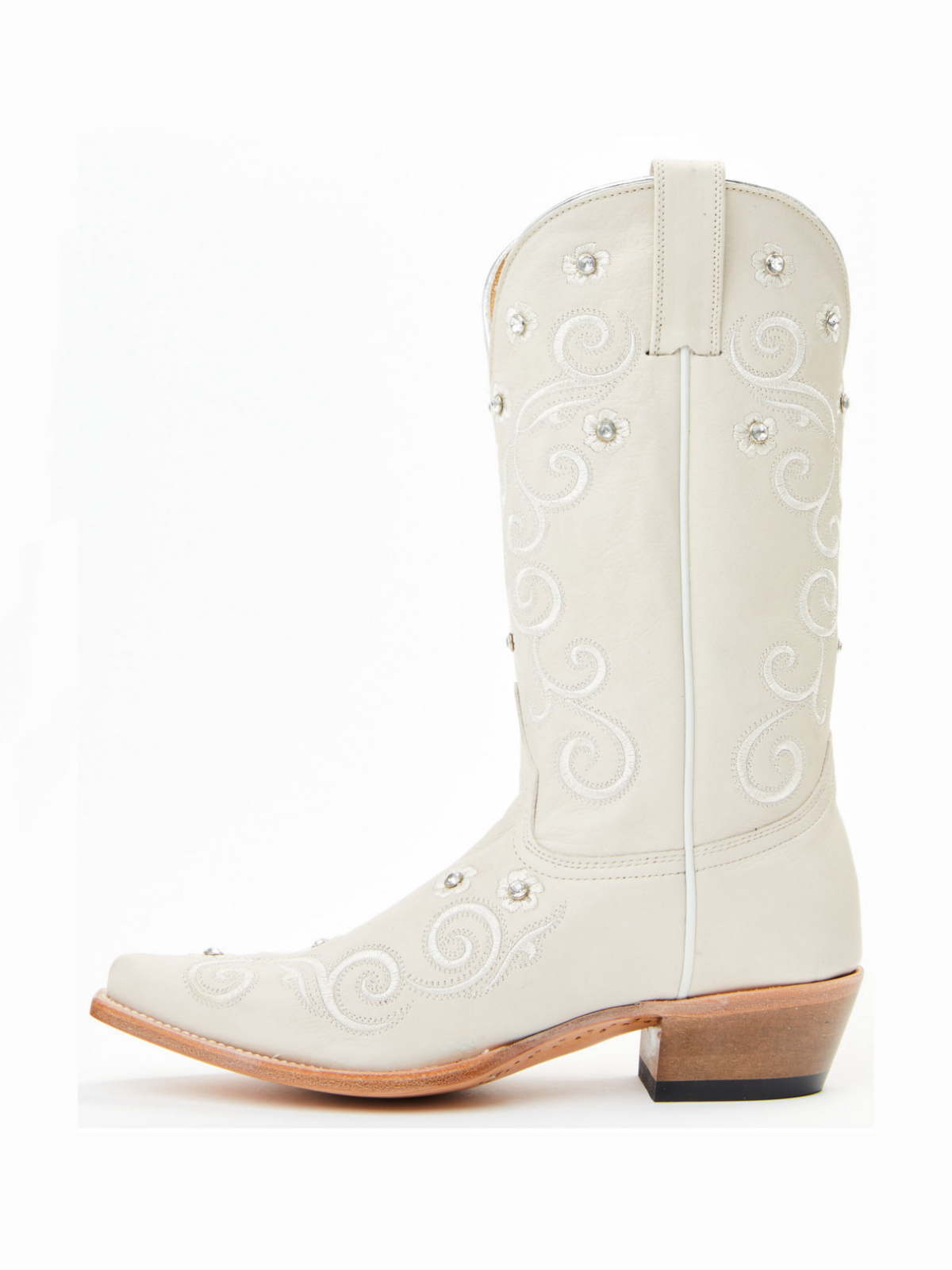 Ivory Floral And Filigree Embroidery Studded Snip-Toe Wide Mid Calf Tall Cowgirl Boots