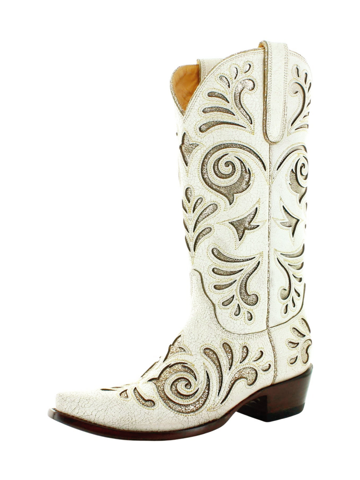 Distressed Bone Snip-Toe Inlay With Glitter Wide Mid Calf Cowgirl Boots