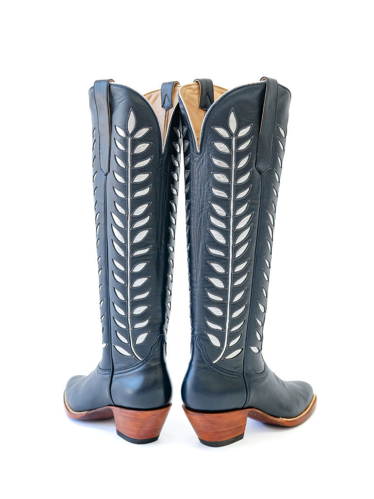 Almond-Toe Metallic Silver Leaves Inlay Wide Calf Tall Knee High Cowgirl Boots - Blue